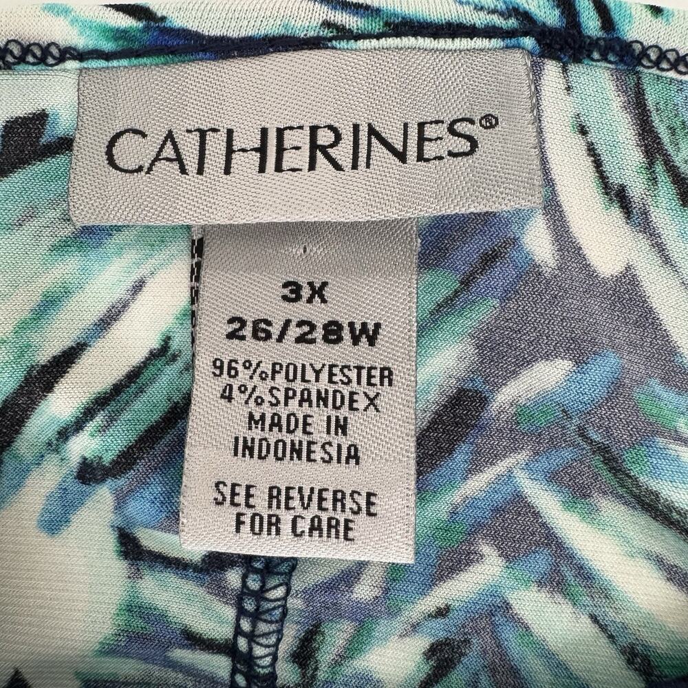 Catherines Top Womens 3X 26/28W Cold Shoulder Stretch Blue White Leaf Pattern - Picture 6 of 9